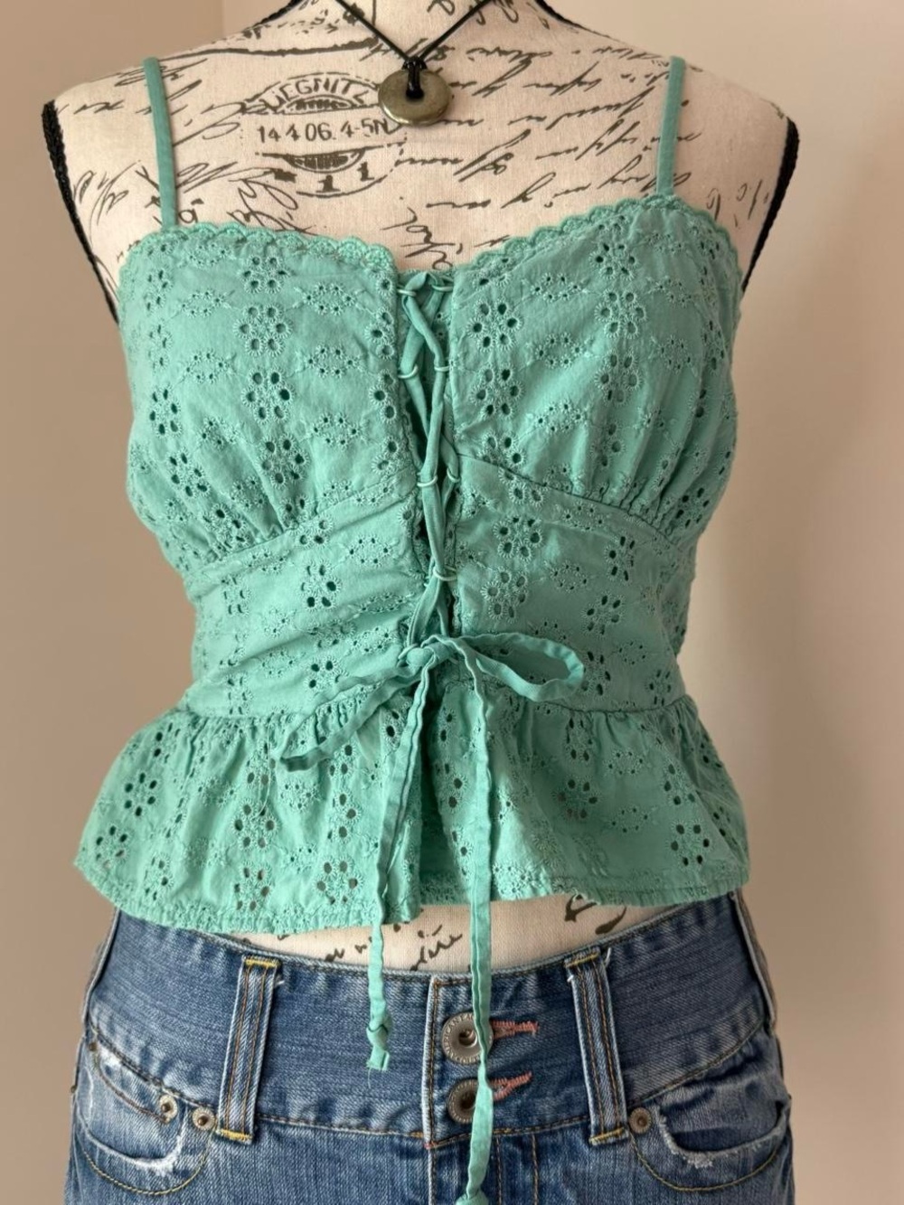boho turquoise cotton eyelet peplum corset tank top blouse